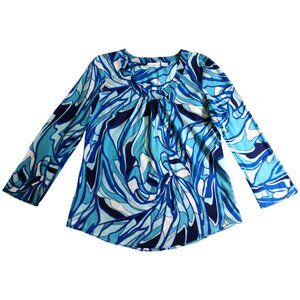 Liz Claiborne Women's Abstract Blue/White Long Sleeve Blouse Top M Medium